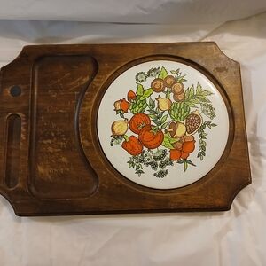 Vintage Wooden Serving Tray with Ceramic Inlay